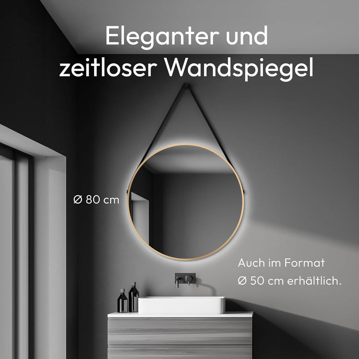 Talos golden Light Spiegel rund Ø 80 cm – runder Wandspiegel in matt Gold – Badspiegel rund mit hoch
