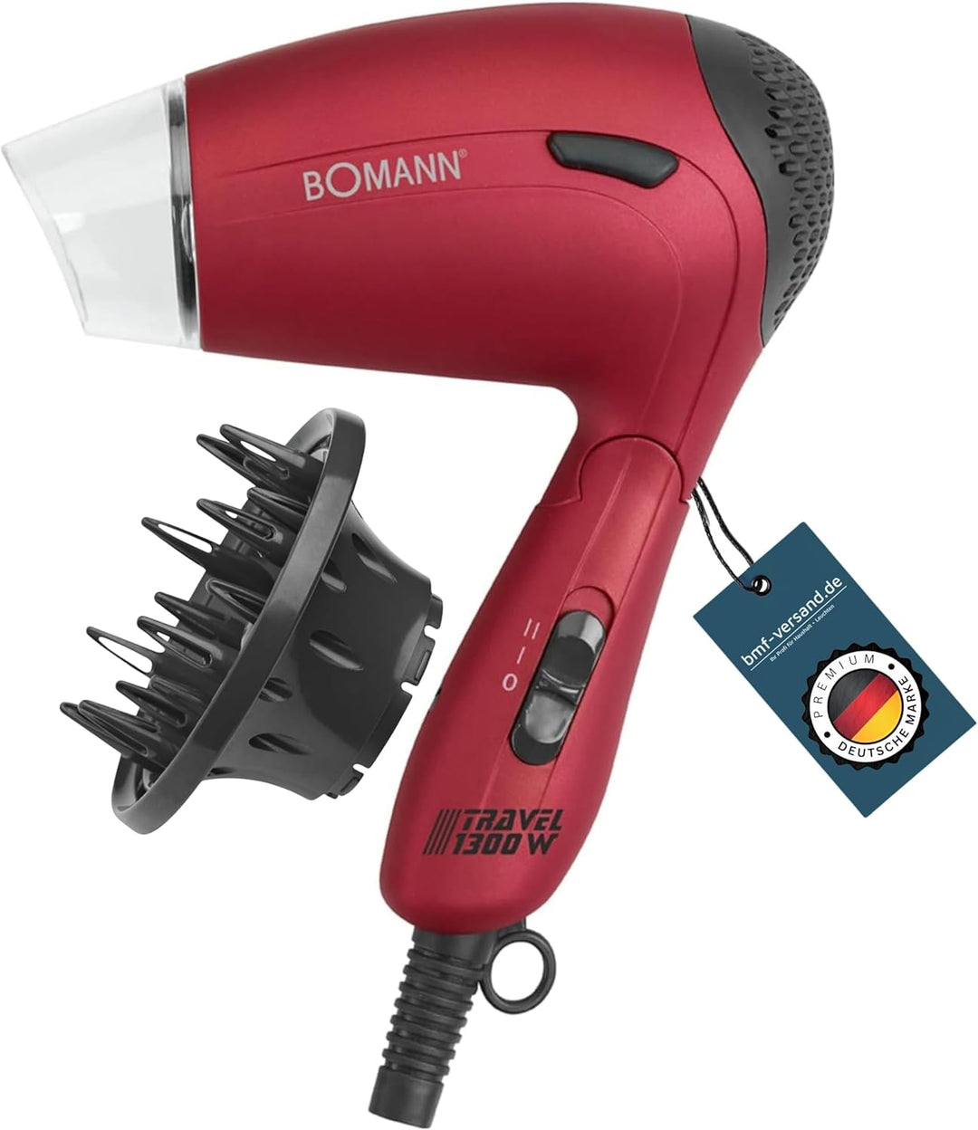 bmf-versand® Reisefön Klappbar Klein - Haartrockner Reise mit Diffusor Fön - Roter Haarfön 1200 Watt