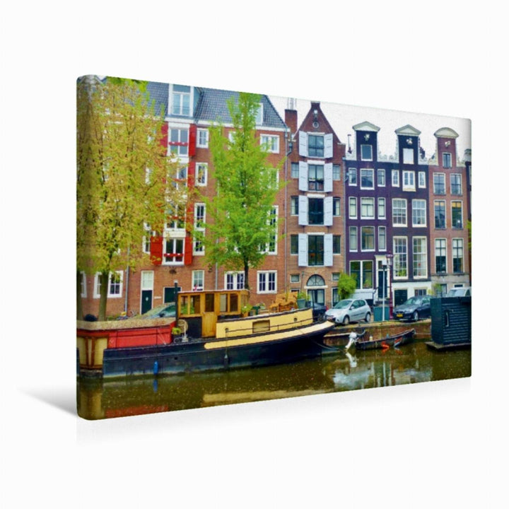 Premium Textil-Leinwand 45 x 30 cm Quer-Format Amsterdam - Gracht mit Hausboot | Wandbild, HD-Bild a