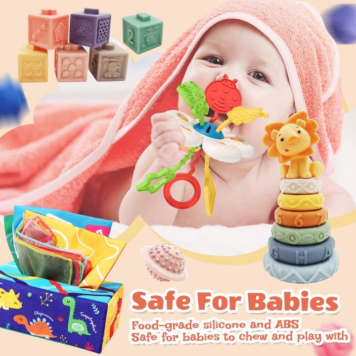 5 in 1 Baby Spielzeug ab 6 Monate, Montessori Spielzeug ab 6 9 12 Monate, Stapelturm, Blöcken,Tissue