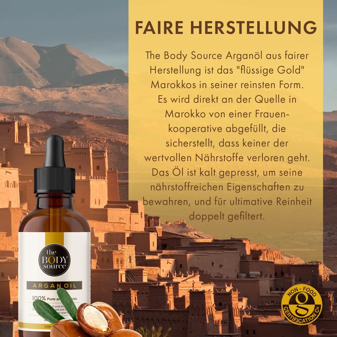 Reines Arganöl 100ml. 100% kalt gepresst und zertifiziert biologisch für Gesicht, Haare, Haut, Nägel