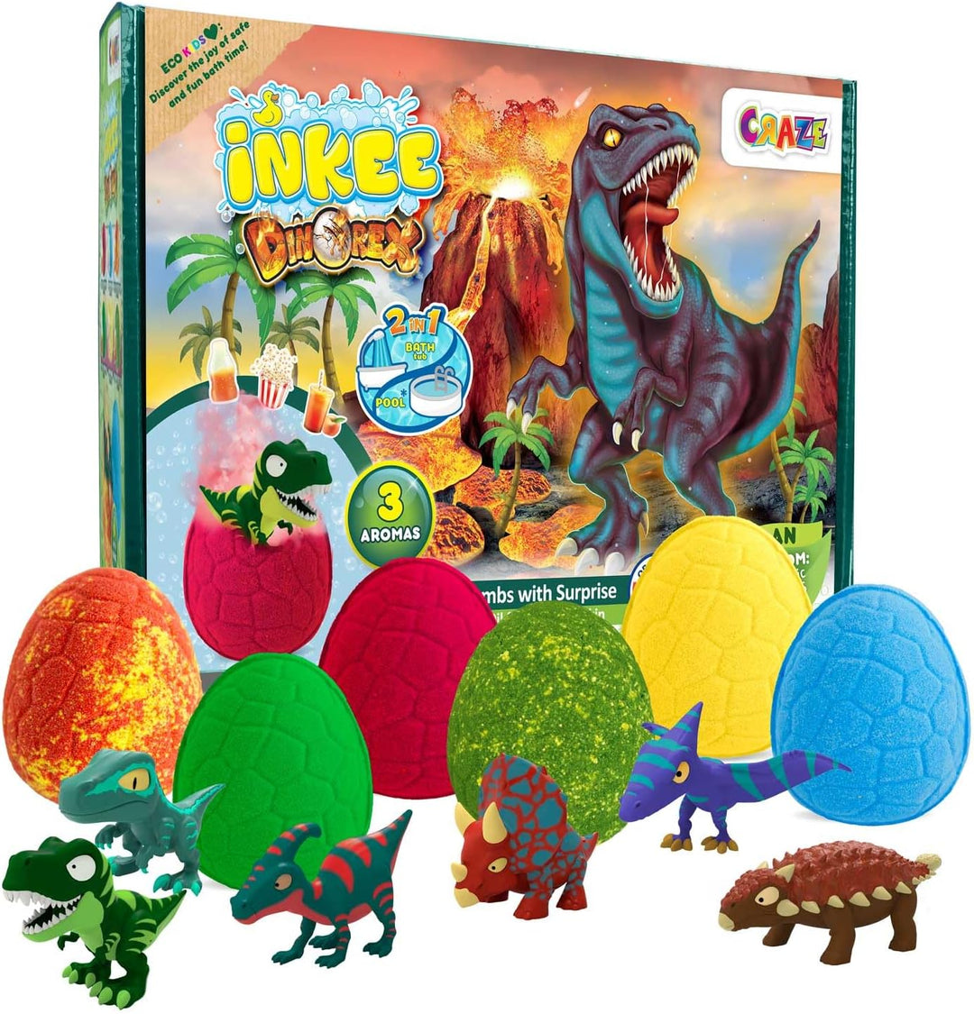 INKEE Geschenkbox DINO mit 6 Kinder Badebomben, enthält 6 verschiedene Dinosaurier Spielzeug zum Sam