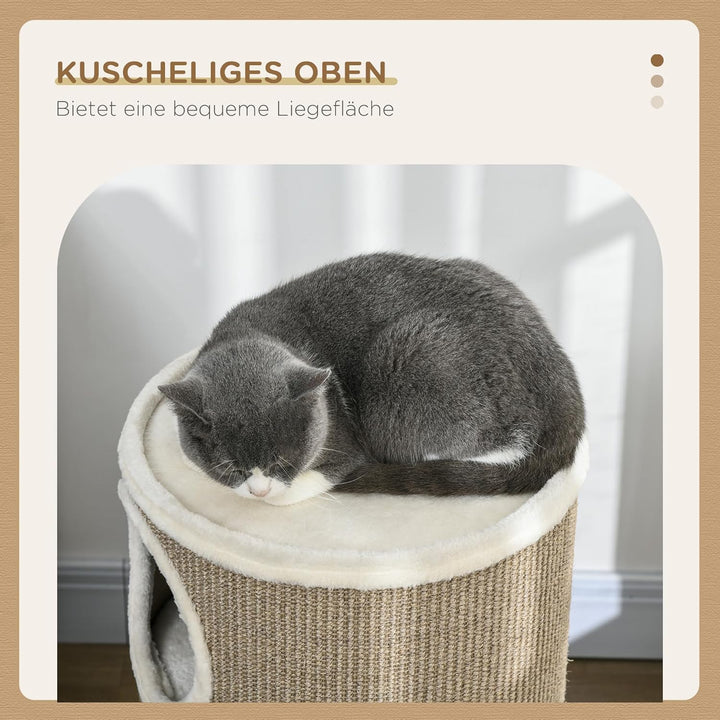 PawHut Kratztonne 70 cm Hoch Ø 38 cm dreistöckige Katzentonne mit Plüschrand, Katzenhöhle, Kratzbaum