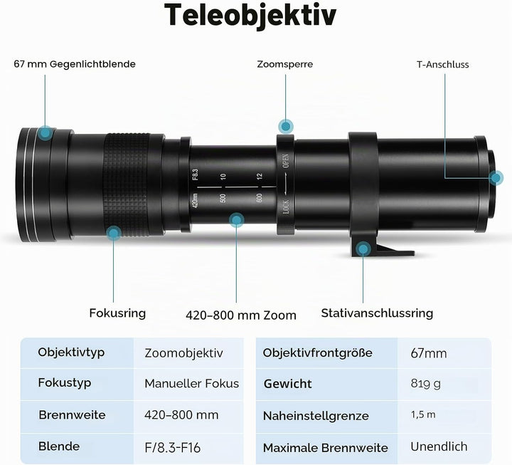 JINTU 420–800mm MF Teleobjektiv Kamera Zoomobjektiv F8.3 für Nikon SLR Kameras D780 D5600 D5500 D540