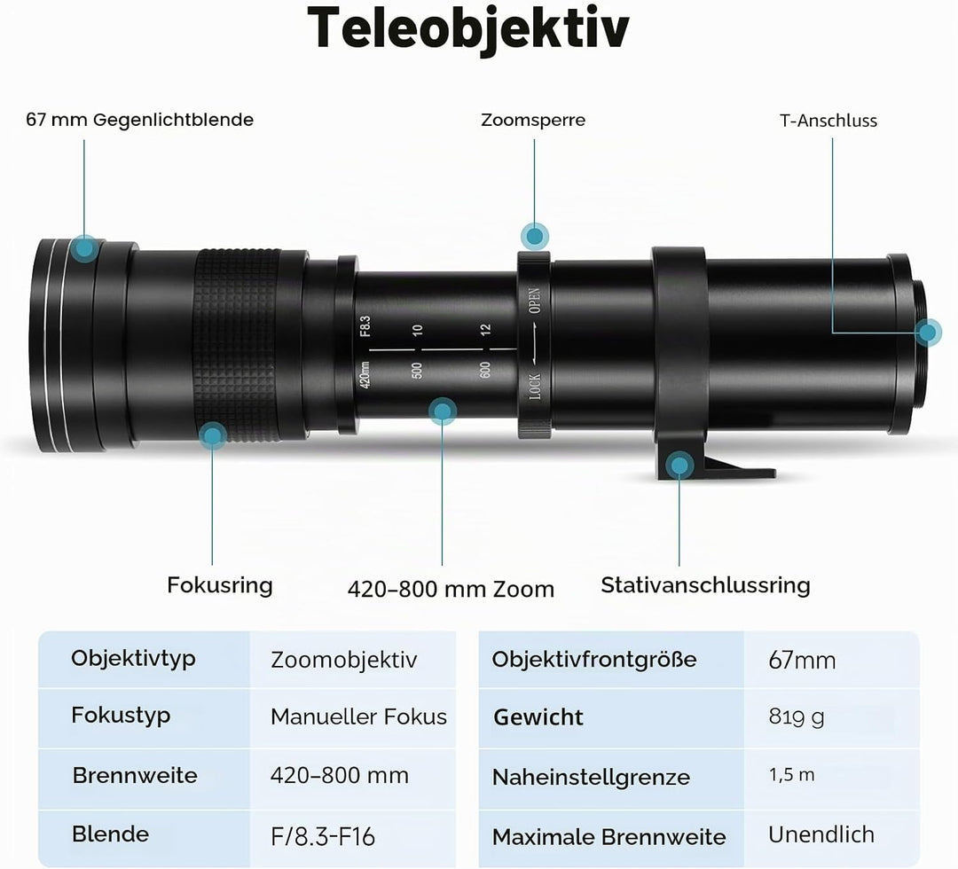 JINTU 420–800mm Super-Telezoom Objektiv Manueller Fokus für Canon EOS DSLR-Kameras 2000D 4000D 5000D