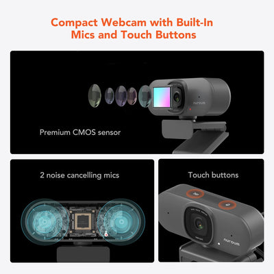 Nuroum V15-AF 2K Webcam mit Autofokus, 1080P 60fps PC Kamera mit Mikrofon, 75°Weitwinkel/Rauschunter