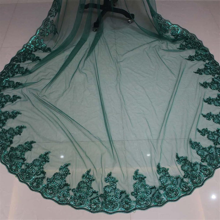 VRONIS Bridal Veil, Pailletten-Spitzenrand, eine Schicht, grüne Brautschleier mit Kamm, Kathedrale,