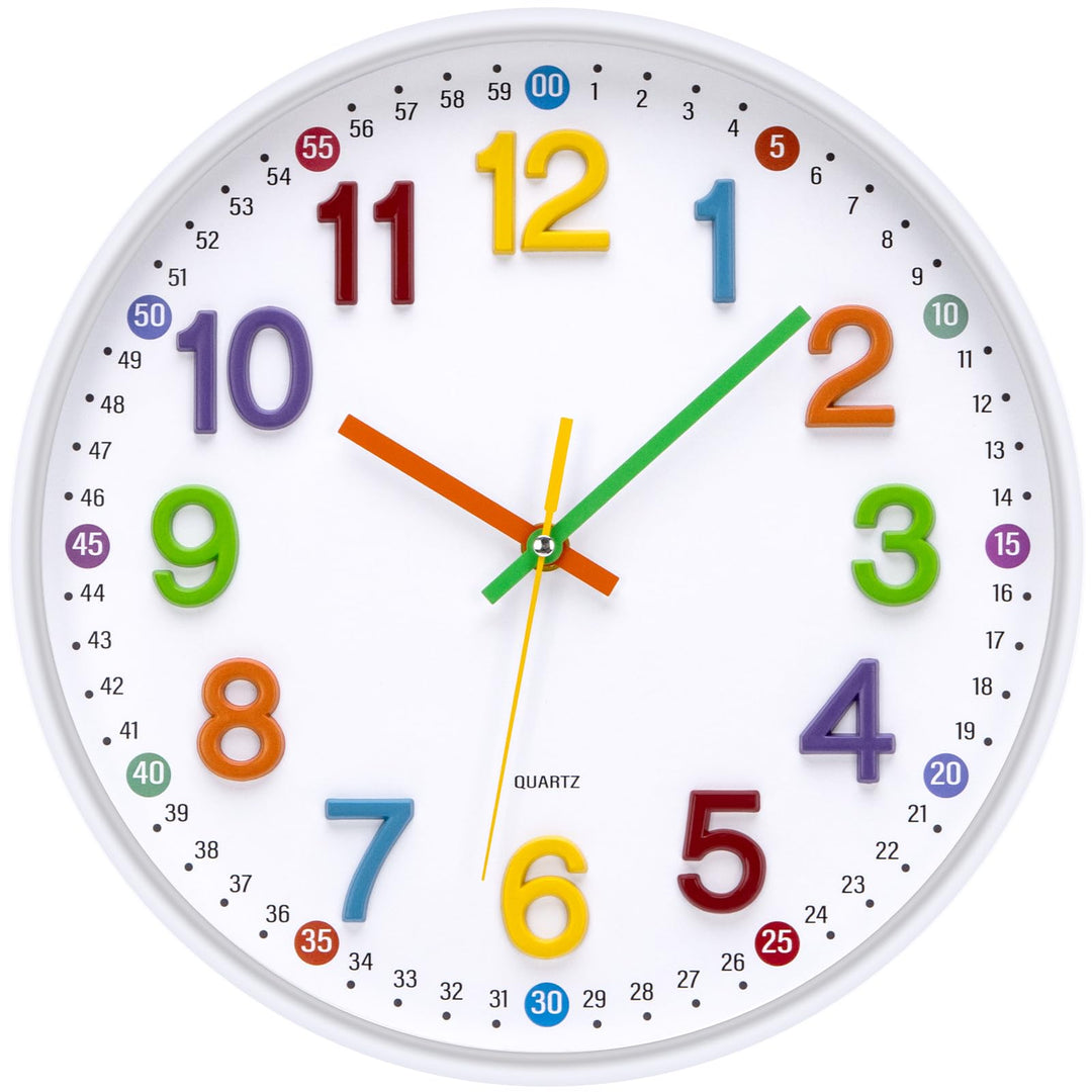 ACCSHINE Kinder Wanduhr ohne Tickgeräusche Lernuhr 30cm 3D Bunt Zahlen Modern Quartz Lautlos Wanduhr