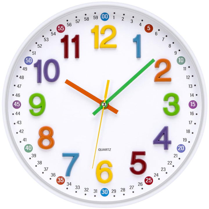 ACCSHINE Kinder Wanduhr ohne Tickgeräusche Lernuhr 30cm 3D Bunt Zahlen Modern Quartz Lautlos Wanduhr