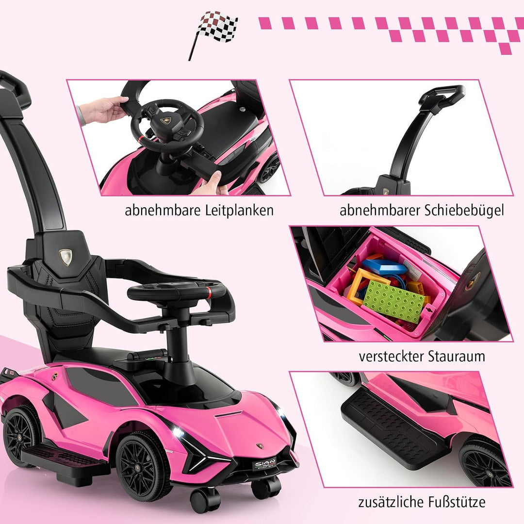 COSTWAY 3-in-1 Lamborghini Rutschauto, Schiebauto mit Scheinwerfern & Musik & Stauraum, Rutschfahrze