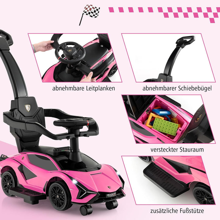 COSTWAY 3-in-1 Lamborghini Rutschauto, Schiebauto mit Scheinwerfern & Musik & Stauraum, Rutschfahrze