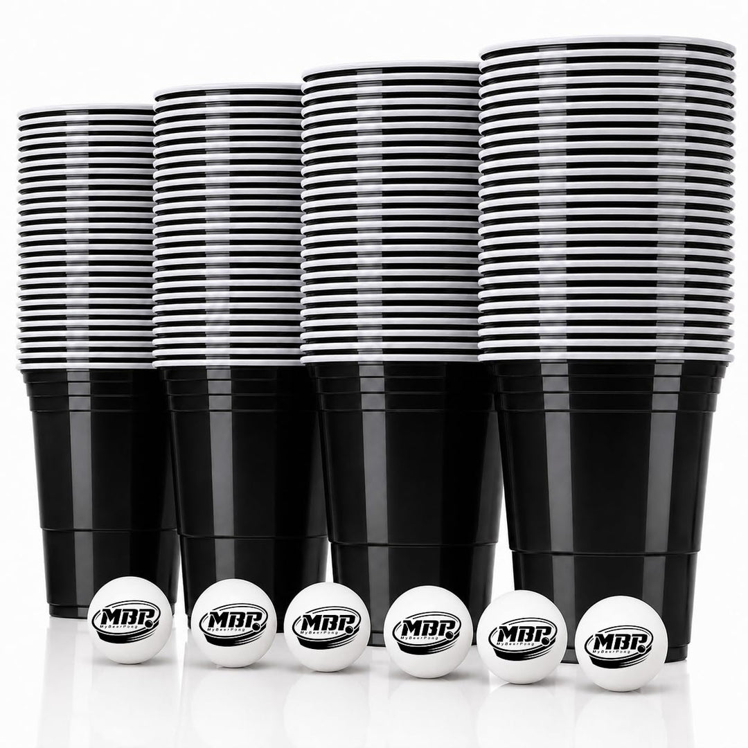 MYBEERPONG® Schwarzes Bierpong Set: 100 Black Cups (Markierung 0,4l + 0,5l) + 6 Beer Pong-Bälle – Wi