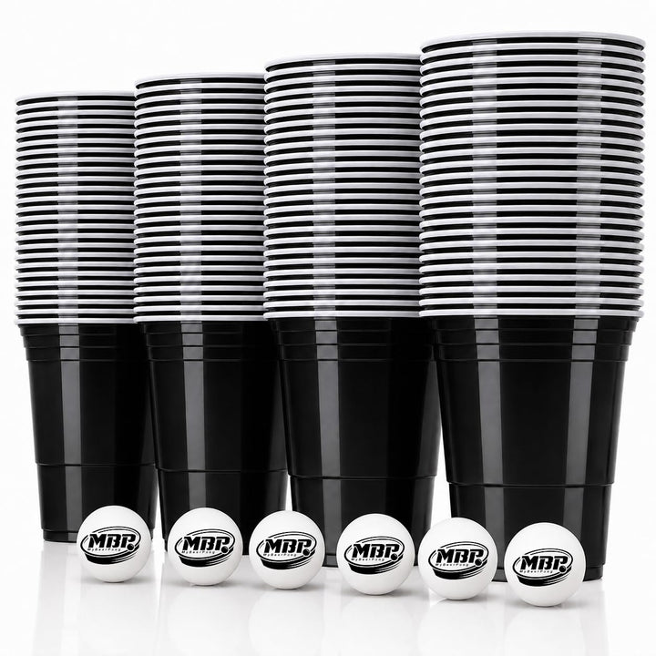 MYBEERPONG® Schwarzes Bierpong Set: 100 Black Cups (Markierung 0,4l + 0,5l) + 6 Beer Pong-Bälle – Wi