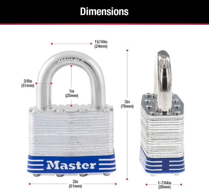 Four-Pin Tumbler Laminated Steel Lock, 2" Wide, Silver/Blue, Two Keys