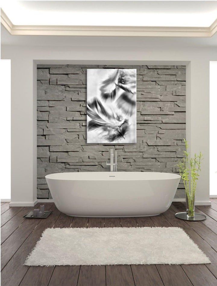 Pixxprint Weisse Feder auf schwarzem Stein als Leinwandbild/Grösse: 100x70 cm/Wandbild/Kunstdruck/fe