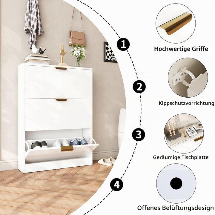 VOWNER Schuhschrank mit 3 Klappen Schmal Schuhkipper Weiss 80x17x108 cm | Platzsparender Schuhregal