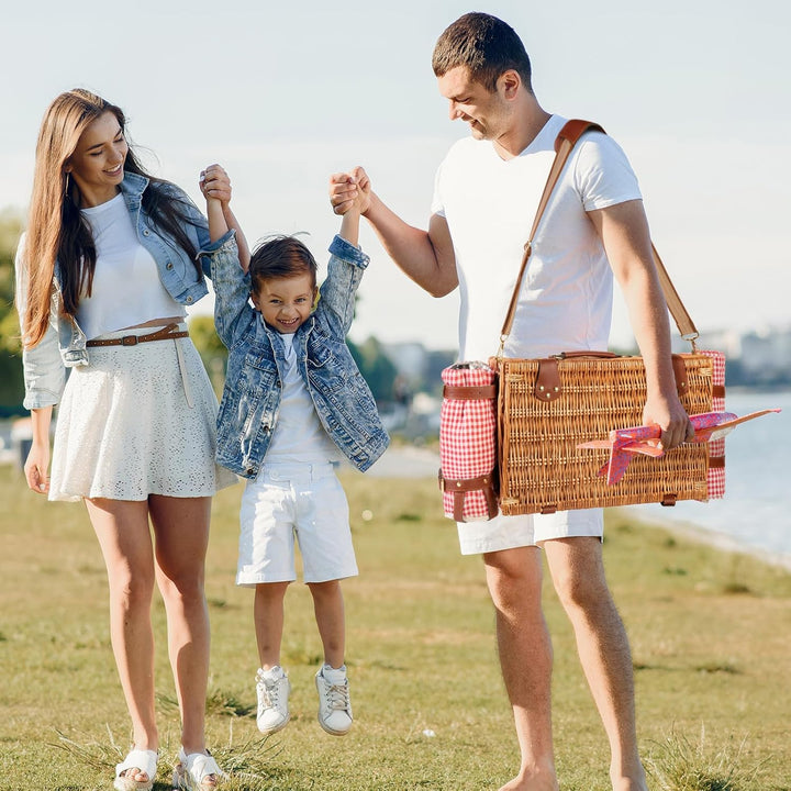 Wicker Picknickkorb Set für 4 Person mit Kühlfach und wasserdichte Picknickdecke, Abnehmbarer Riemen