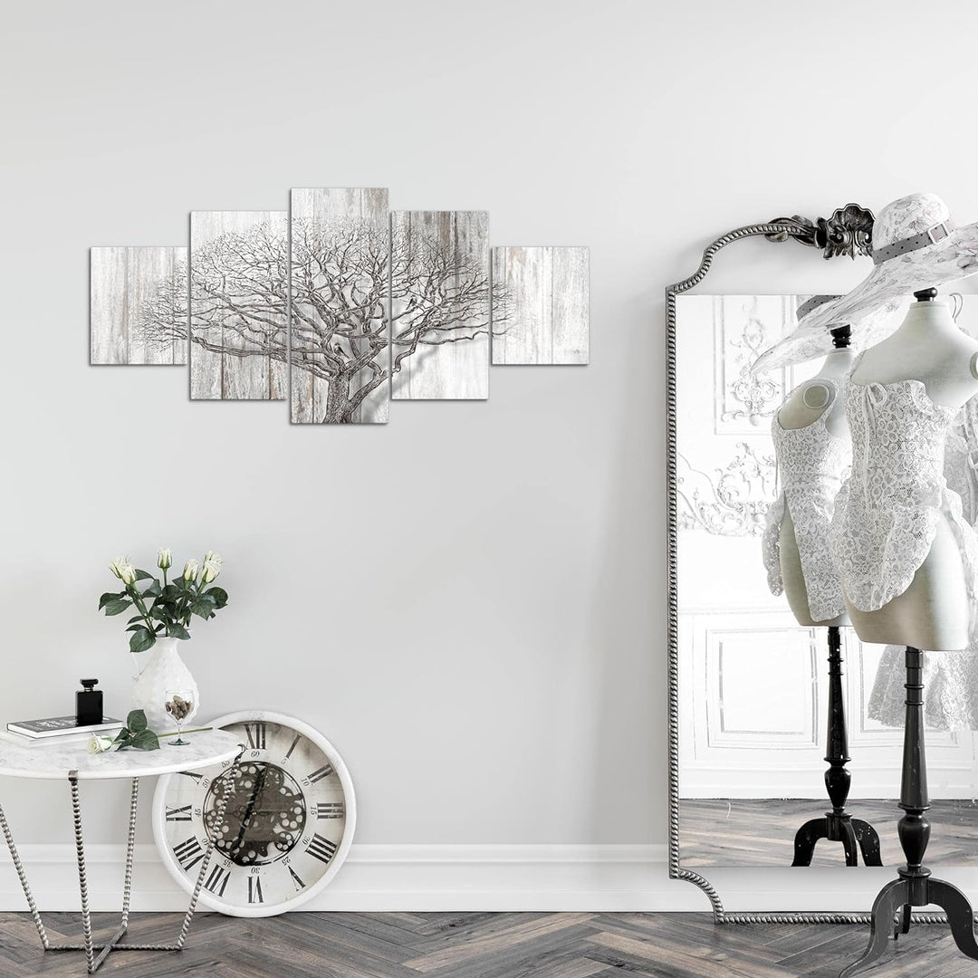 Runa Art Wandbilder Baum Abstrakt 5 Teilig Bild auf Vlies Leinwand Deko Wohnzimmer Holzmotiv Schwarz