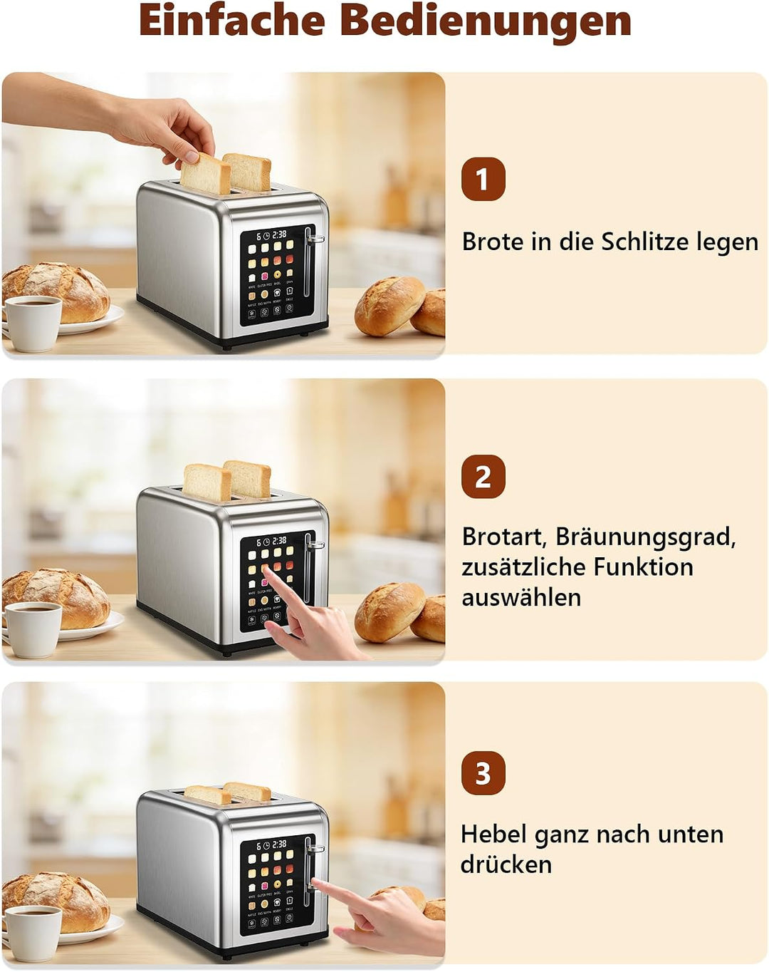 Toaster 2 Scheiben, Edelstahl Langschlitztoaster mit Smart Touchscreen & LED-Countdown, 8 Bräunungss