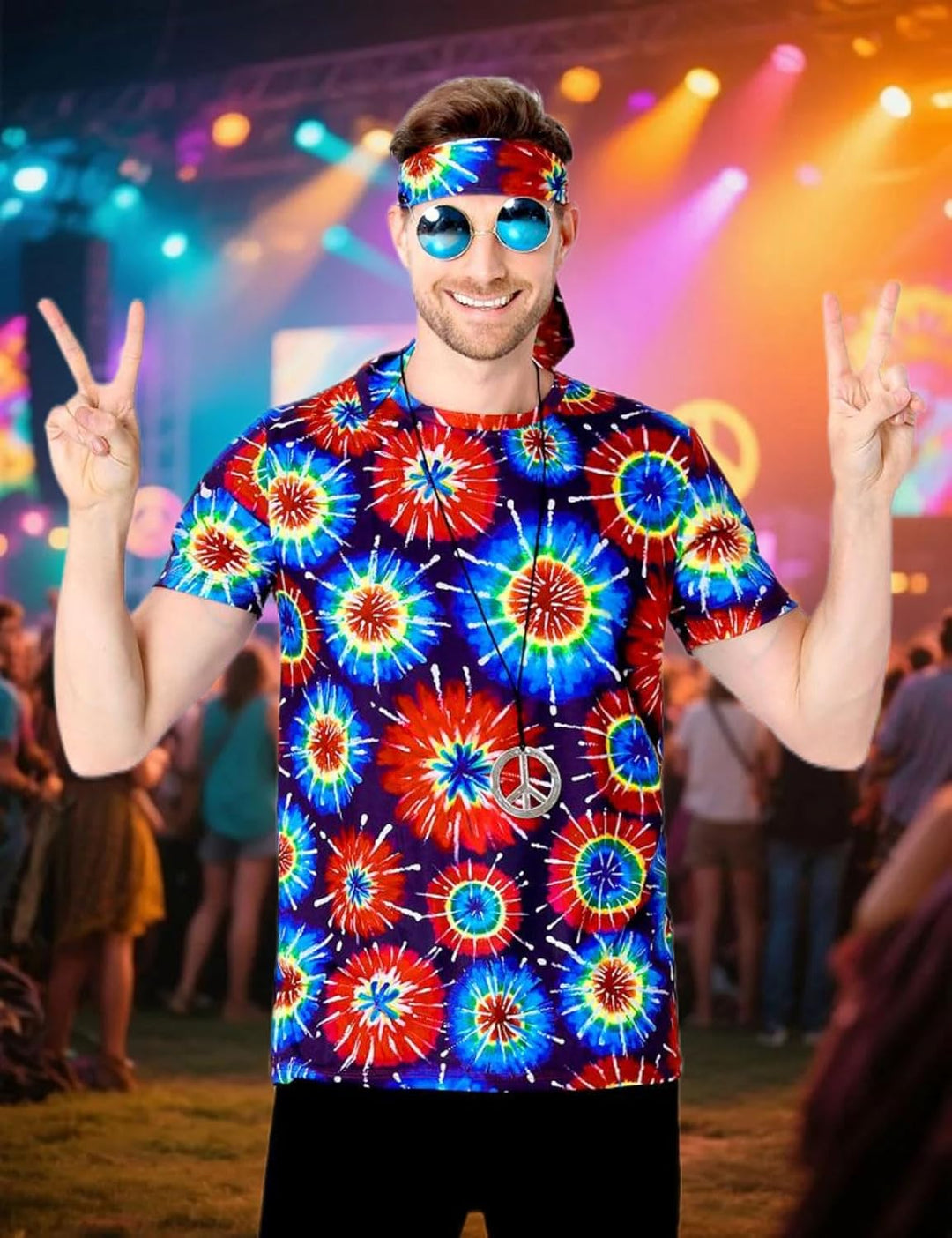 Herren 60er 70er Jahre Groovy Hippie Kostüm T-Shirts mit Stirnbänder M Mehrfarbig, M Mehrfarbig