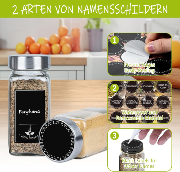 UISEBRT Gewürzgläser Eckig Set 12er Gewürzbehälter mit Etiketten Spice Jars Gewürzdosen Glas 120ML G