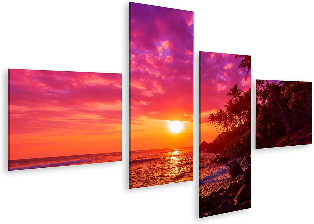 islandburner Bild auf Leinwand Sonnenuntergang Am Tropischen Strand Mit Palmen Silhouetten Bilder Wa