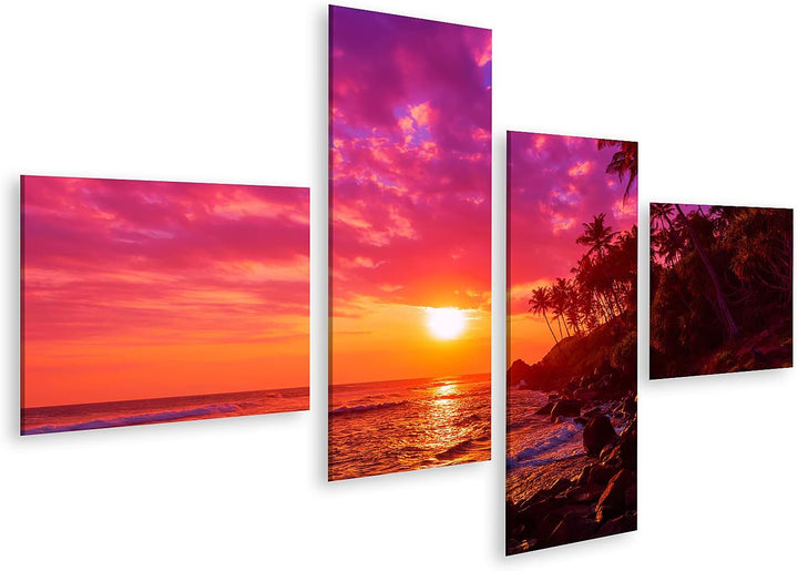islandburner Bild auf Leinwand Sonnenuntergang Am Tropischen Strand Mit Palmen Silhouetten Bilder Wa