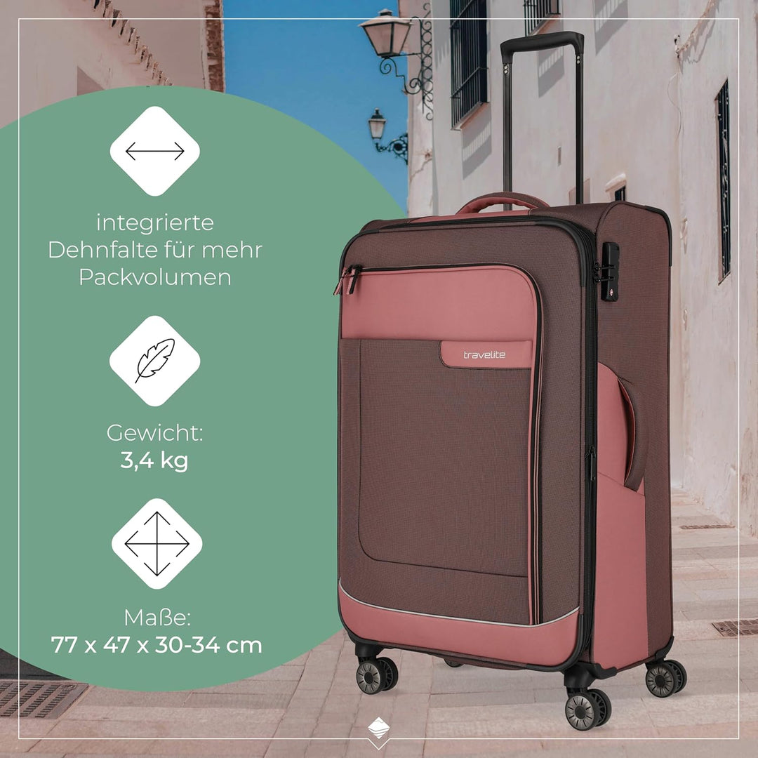 Travelite 4-Rad Koffer Grösse L Weichschale aus recyceltem Material, Gepäck Serie VIIA: Trolley mit