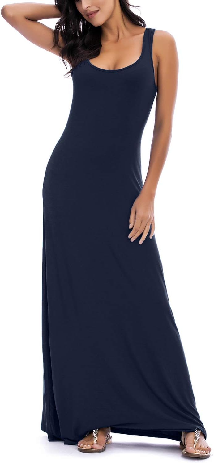 EXCHIC Damen Casual Solide Ärmellos Maxi Kleid Sommer Sexy Strand Tank Top Kleider S Marine Blau, M