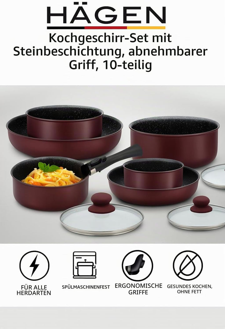 HAGEN, Stone coated cookware, Removable handle, 10 pieces, Bordeaux, Non-stick coating, All burners,