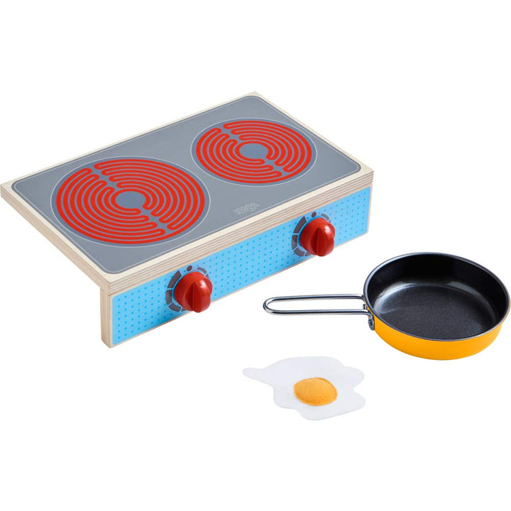 HABA 305132 - Kochstellen-Set Culina, mit 2 Herdplatten, 1 Pfanne und 1 Spiegelei, platzsparende Alt