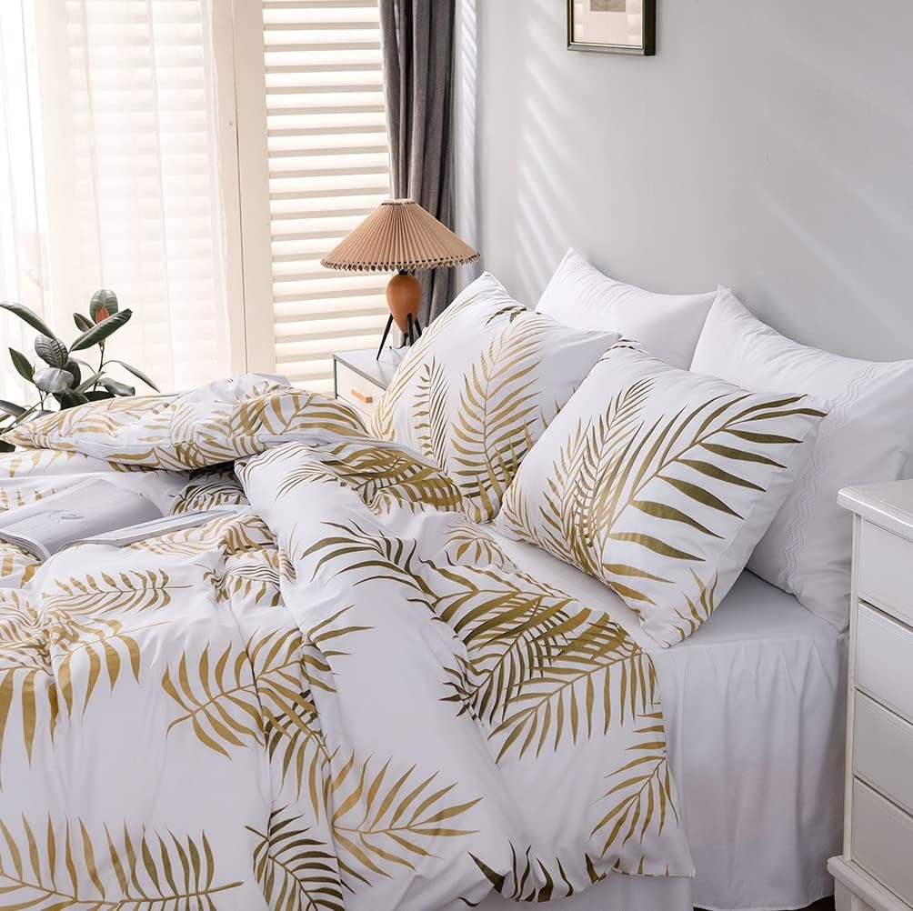 Damier Bettwäsche 135x200cm Gold Weiss Blätter Muster Bettbezug Set 2 Teilig Weiche Microfaser Decke