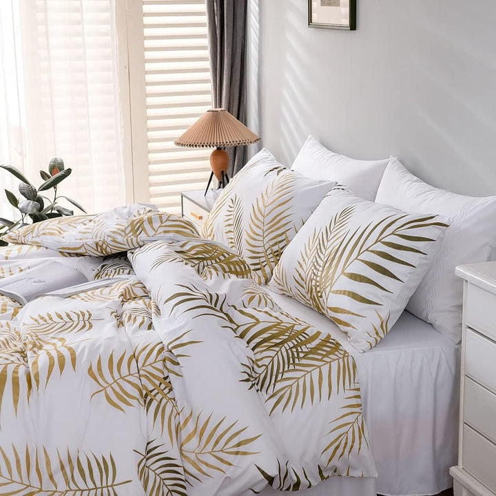 Damier Bettwäsche 155x220cm Gold Weiss Blätter Muster Deckenbezug Weiche Microfaser Bettbezug Set mi