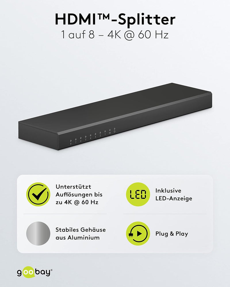 goobay 58484 HDMI Splitter 1 auf 8 / HDMI Verteiler unterstützt Auflösungen bis zu 4K@ 60Hz /1x HDMI