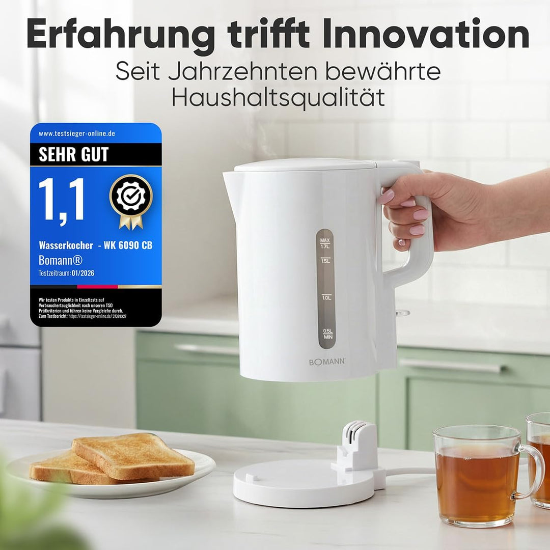 Bomann Wasserkocher 1,7L | 2200W für schnelles Erhitzen | BPA frei | Einhandbedienung | Wasserstands
