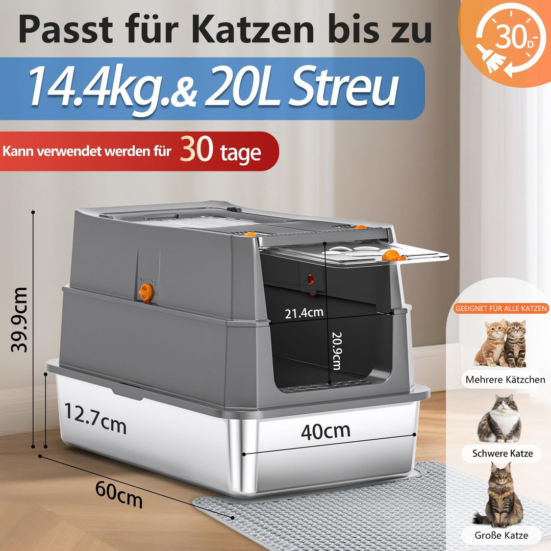 Edelstahl Katzenklo mit Deckel, 155° Klappdeckel XL Katzentoilette, Geschlossene Metall-Klobox inkl.