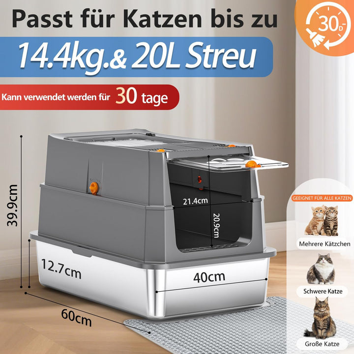 Edelstahl Katzenklo mit Deckel, 155° Klappdeckel XL Katzentoilette, Geschlossene Metall-Klobox inkl.