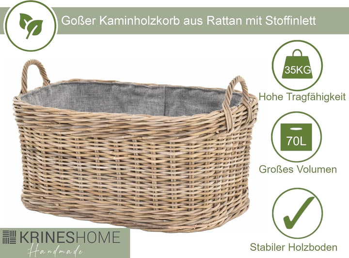 Holzkorb für Kaminholz Rattan geflochten mit Griffen und Stoff Tragekorb Holz (Grau Natur, 64x50cm)