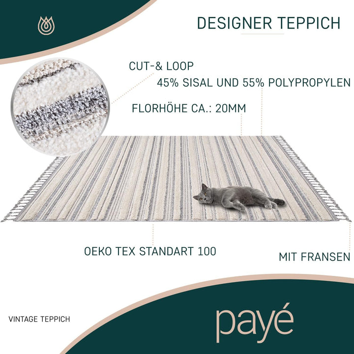 payé Teppich Wohnzimmer - Meliert - 160x230cm - Creme Grau Blau - Hochtief Effekt - Fransen Deko Boh
