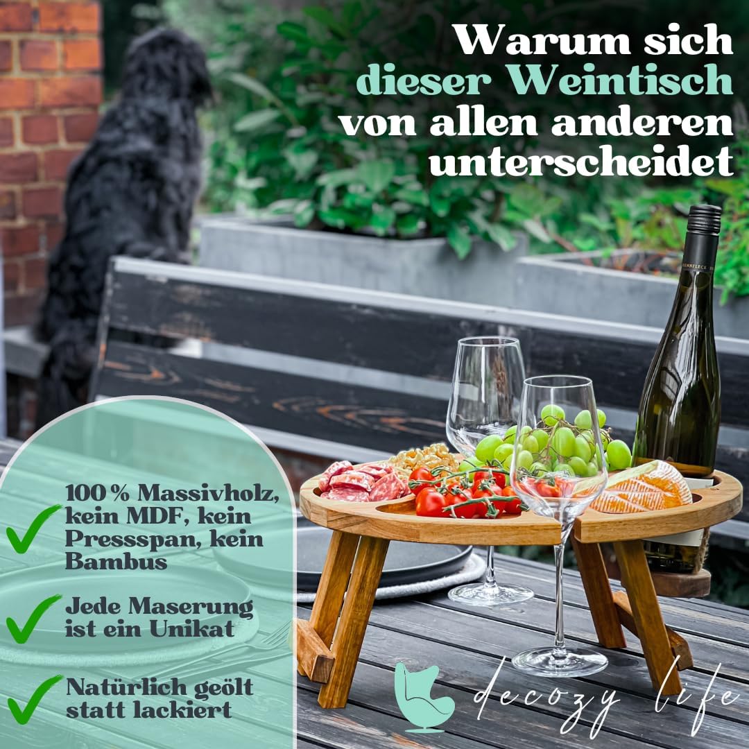Weintisch Akazie Massivholz - Weinbar & Weintablett für Zuhause oder Outdoor - geeignet als Picknick