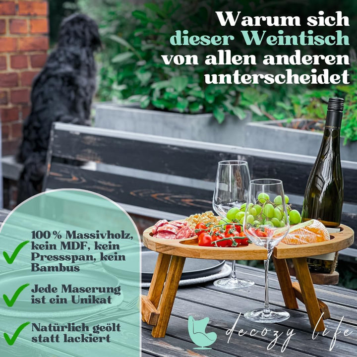 Weintisch Akazie Massivholz - Weinbar & Weintablett für Zuhause oder Outdoor - geeignet als Picknick