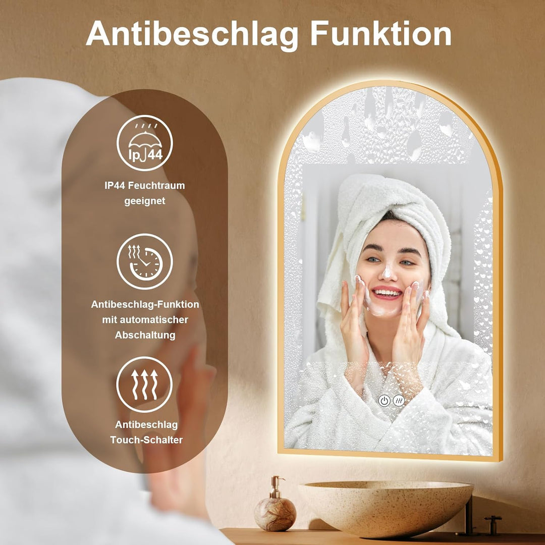 Gold Badspiegel Led Beleuchtung Arch 60x100/100x60cm, Wandspiegel mit Antibeschlag und mit Touch Sch