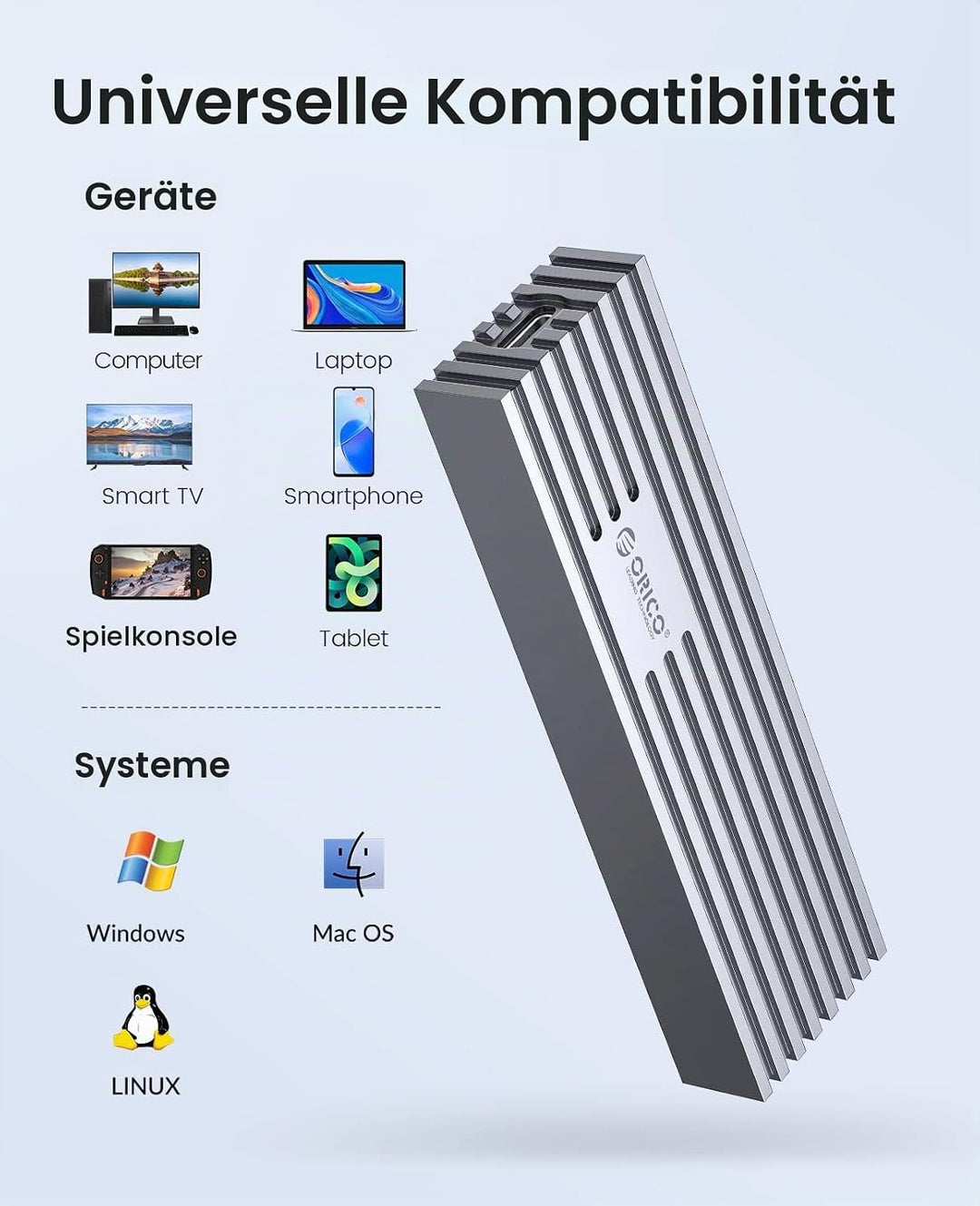 ORICO M.2 NVMe SSD Gehäuse auf USB-C PCIe Adapter 10 Gbps USB3.2 Gen2 für NVMe M-Key/M+B Key SSD 223