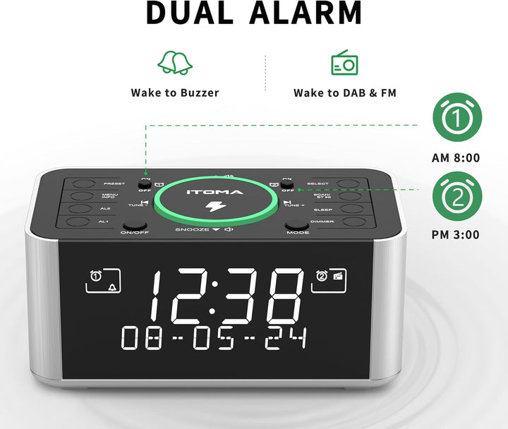 Wireless Charging Wecker mit DAB, DAB+/FM Radio, 40 Preset Stationen, Dual Alarms, Snooze, Dimmbare