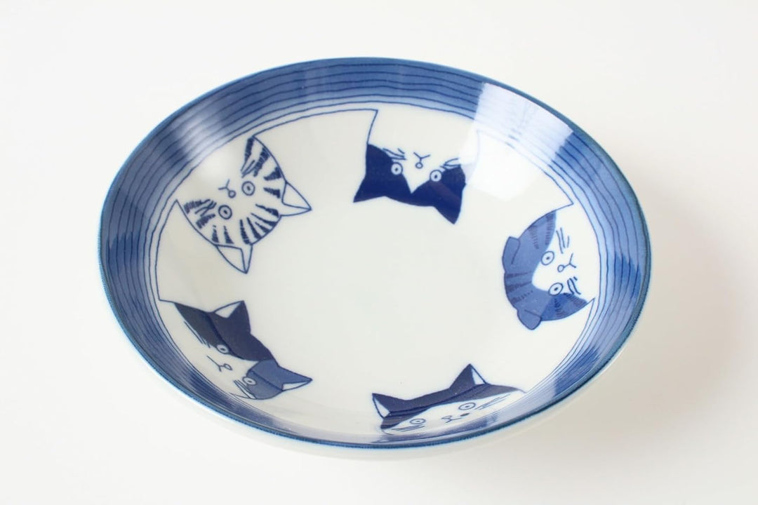 Mino ware GBS204 japanische Keramikteller, rund, fünf Katzengesichter, Weiss und Blau, hergestellt i