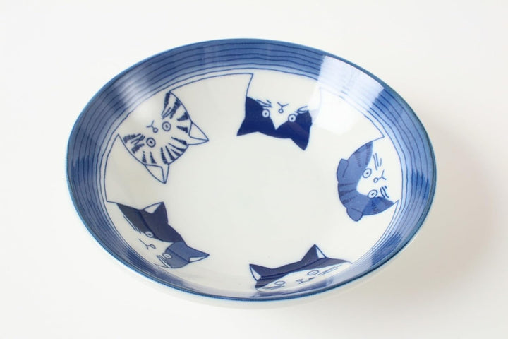 Mino ware GBS204 japanische Keramikteller, rund, fünf Katzengesichter, Weiss und Blau, hergestellt i