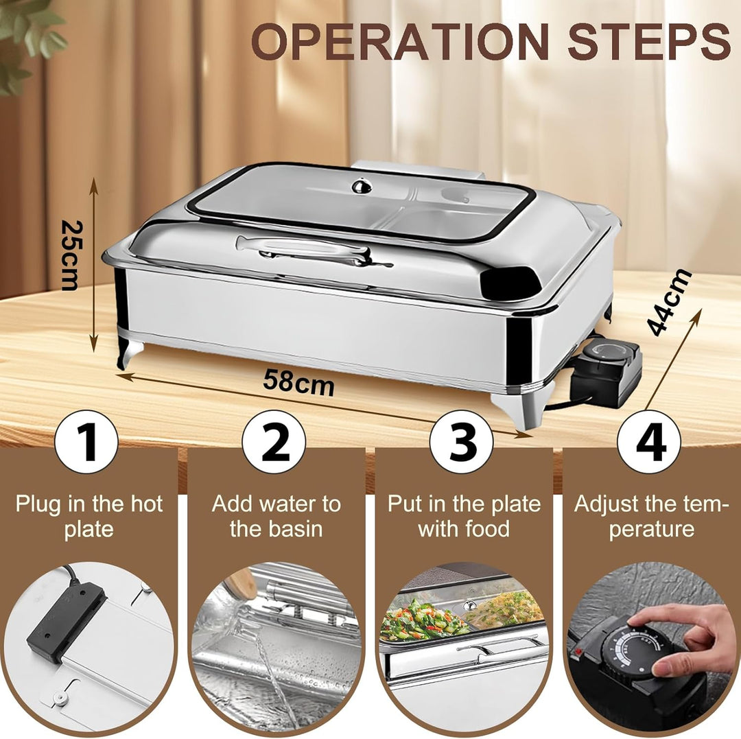 Chafing Dish Elektrisch 9L, Wärmebehälter Elektrisch für Speisen, Buffetwärmer Elektrisch mit Deckel