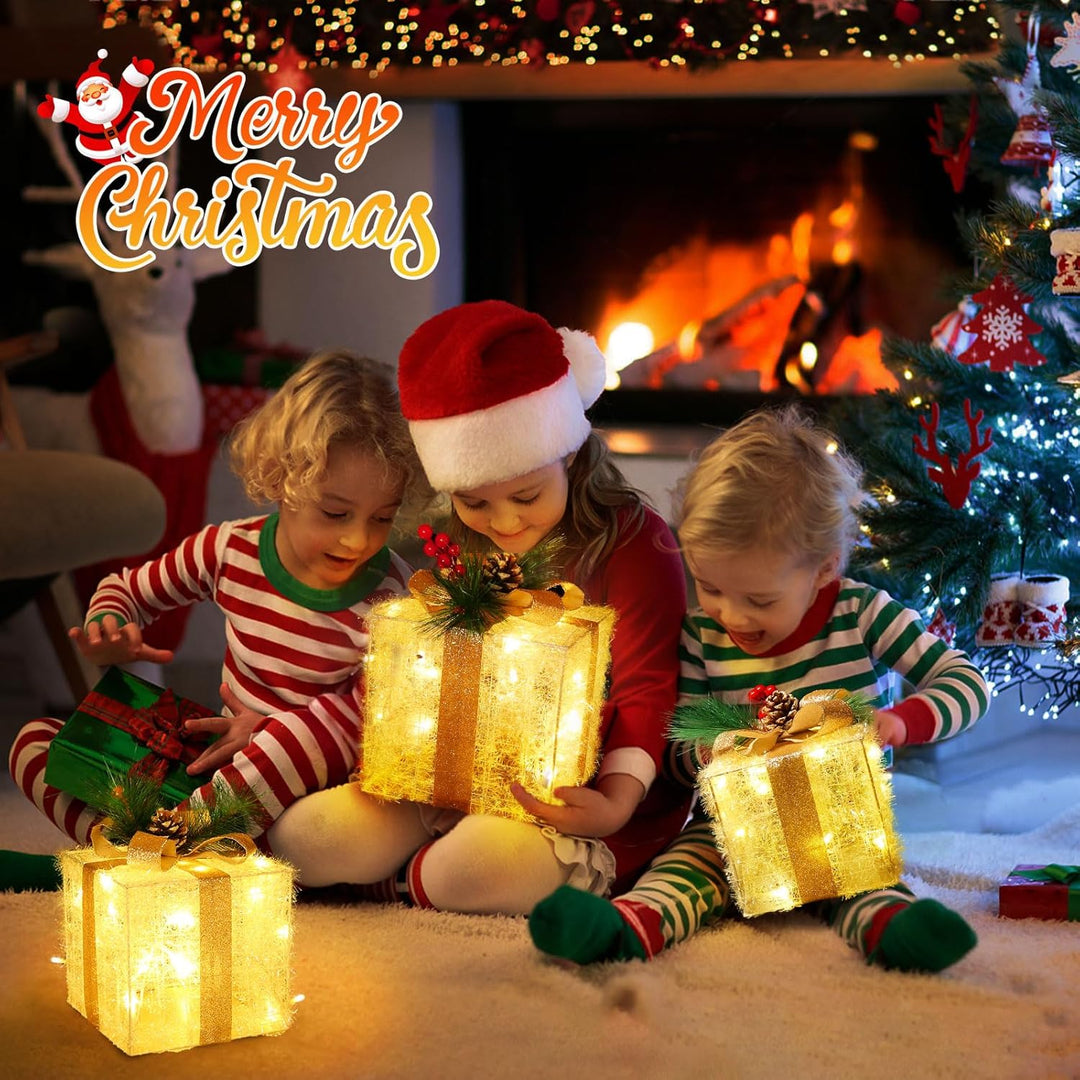 Quntis 3 Set LED Geschenkbox Weihnachten, Weihnachtsdeko Innen Strombetrieben, 60 warmweisse LEDs, B