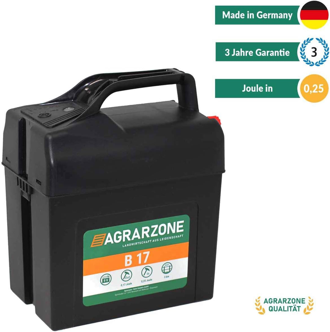 Agrarzone B17 Weidezaungerät 9V/12V, 0,25 Joule | Elektrozaungerät für Batterie | Optimale Weidezaun