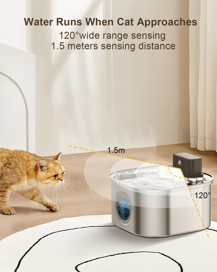 Katzenbrunnen Kabellos mit Bewegungsmelder- 3.2L Trinkbrunnen für Katze Edelstahl, 4200 mAh Leiser W